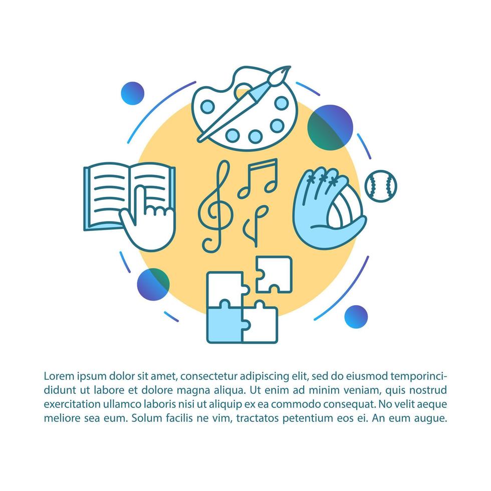 After school program article page vector template. Learning classes. Brochure, magazine, booklet design element with linear icons and text boxes. Print design. Concept illustrations with text space