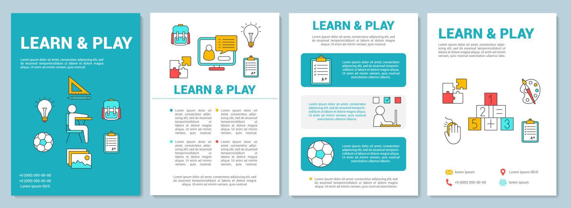 Learn and play brochure template layout. Children entertainment and education. Flyer, booklet, leaflet print design with linear illustrations. Vector page layouts for magazines, annual reports