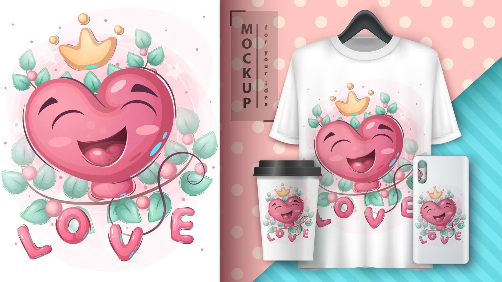 personaje de dibujos animados adorable corazón viaje bonita idea para imprimir camiseta, póster y sobre para niños, postal. lindas caricaturas de estilo dibujadas a mano. vector