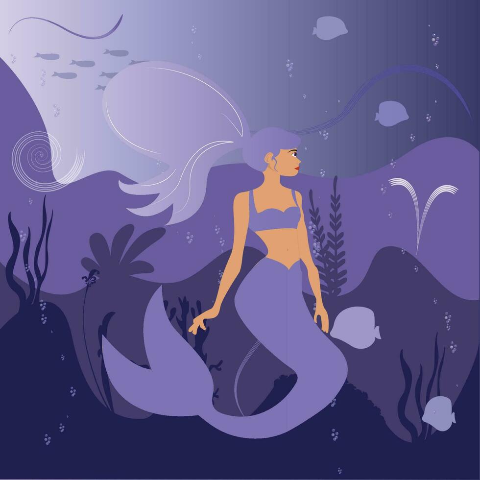 sirena con fondo de ilustración de vector de paisaje marino