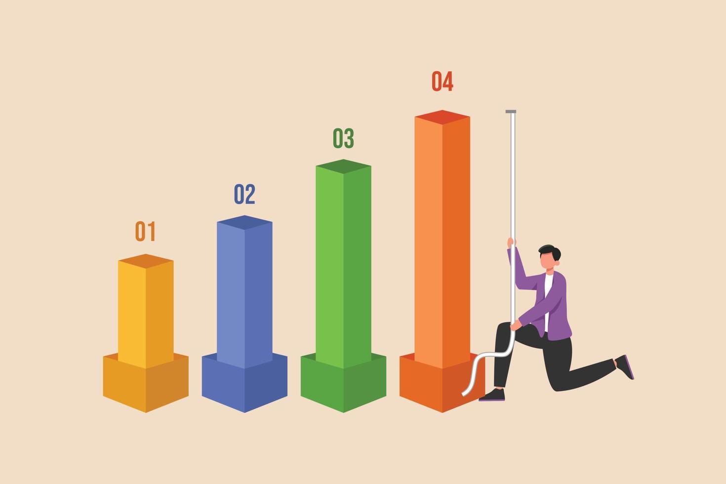 Bar measurement with number scale. Color coded progress. 1 to 4. Measurement and performance