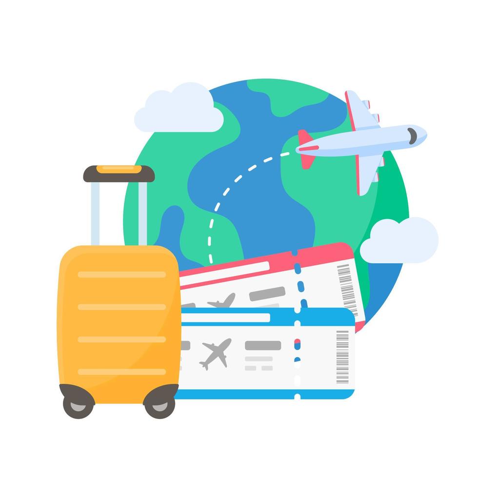 el mapa mundial está anclado para planificar los viajes de las aerolíneas internacionales. con equipaje y boletos de avión vector