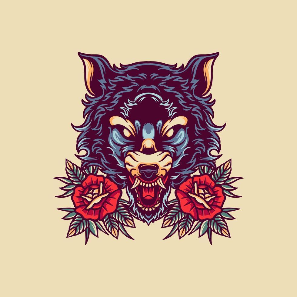 Wolf And Rose Retro Illustration vector