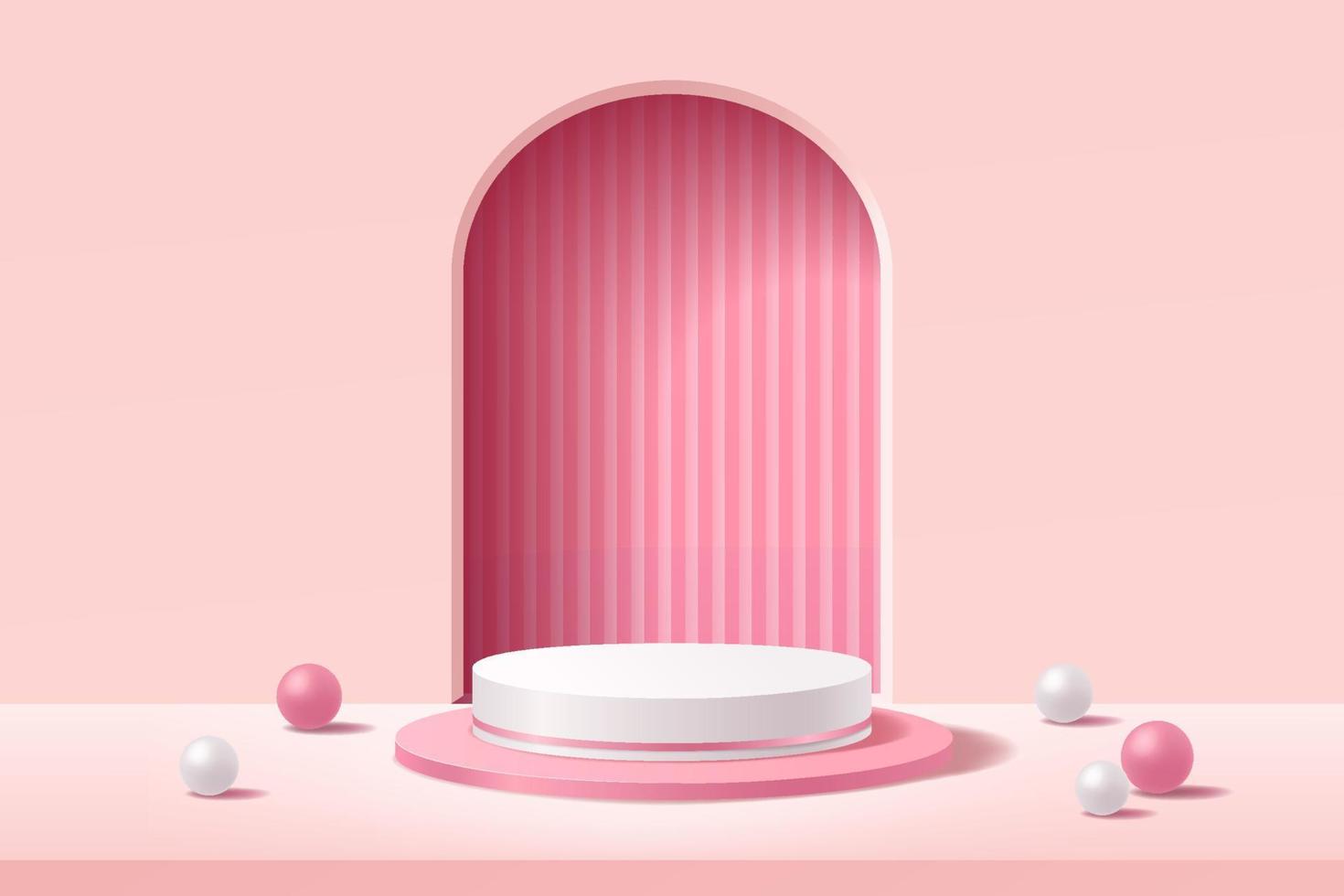 Empty 3d white and pink round podium with abstract geometric shape arch style background vector