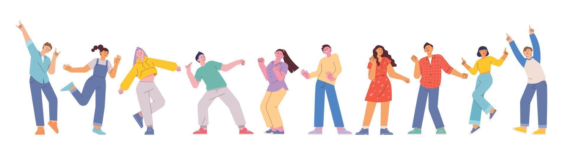 la gente en estilo casual está bailando. un personaje de cabeza alta y pequeña. ilustración vectorial de estilo de diseño plano. vector