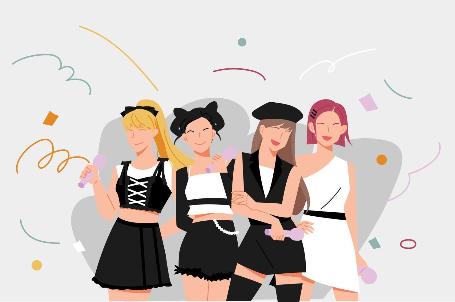 un grupo de chicas ídolo de estilo de moda en blanco y negro. ilustración vectorial de estilo de diseño plano. vector