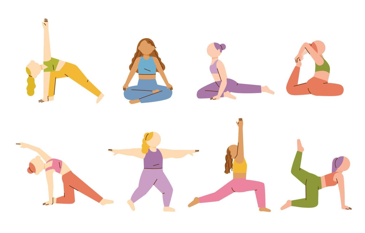 personaje femenino haciendo varias poses de yoga. ilustración vectorial de estilo de diseño plano. vector