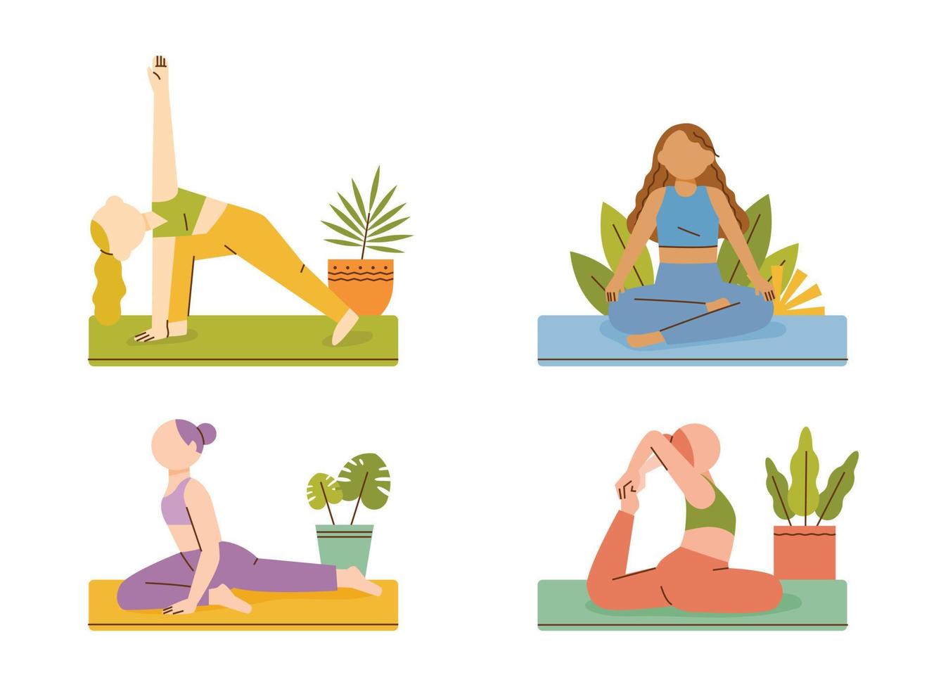 cuatro mujeres están haciendo yoga. hay una maceta al lado. ilustración vectorial de estilo de diseño plano. vector