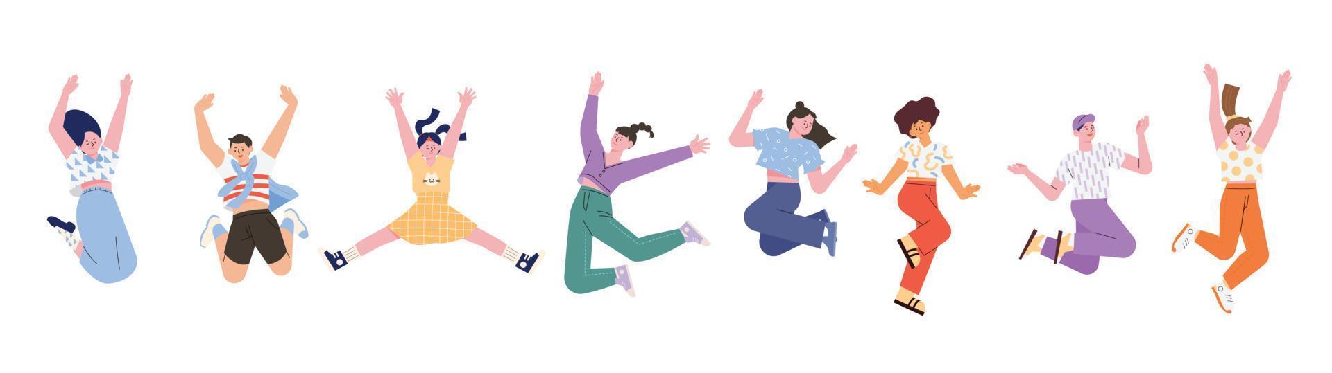 pose de salto de personas de estilo casual. ilustración vectorial de estilo de diseño plano. vector