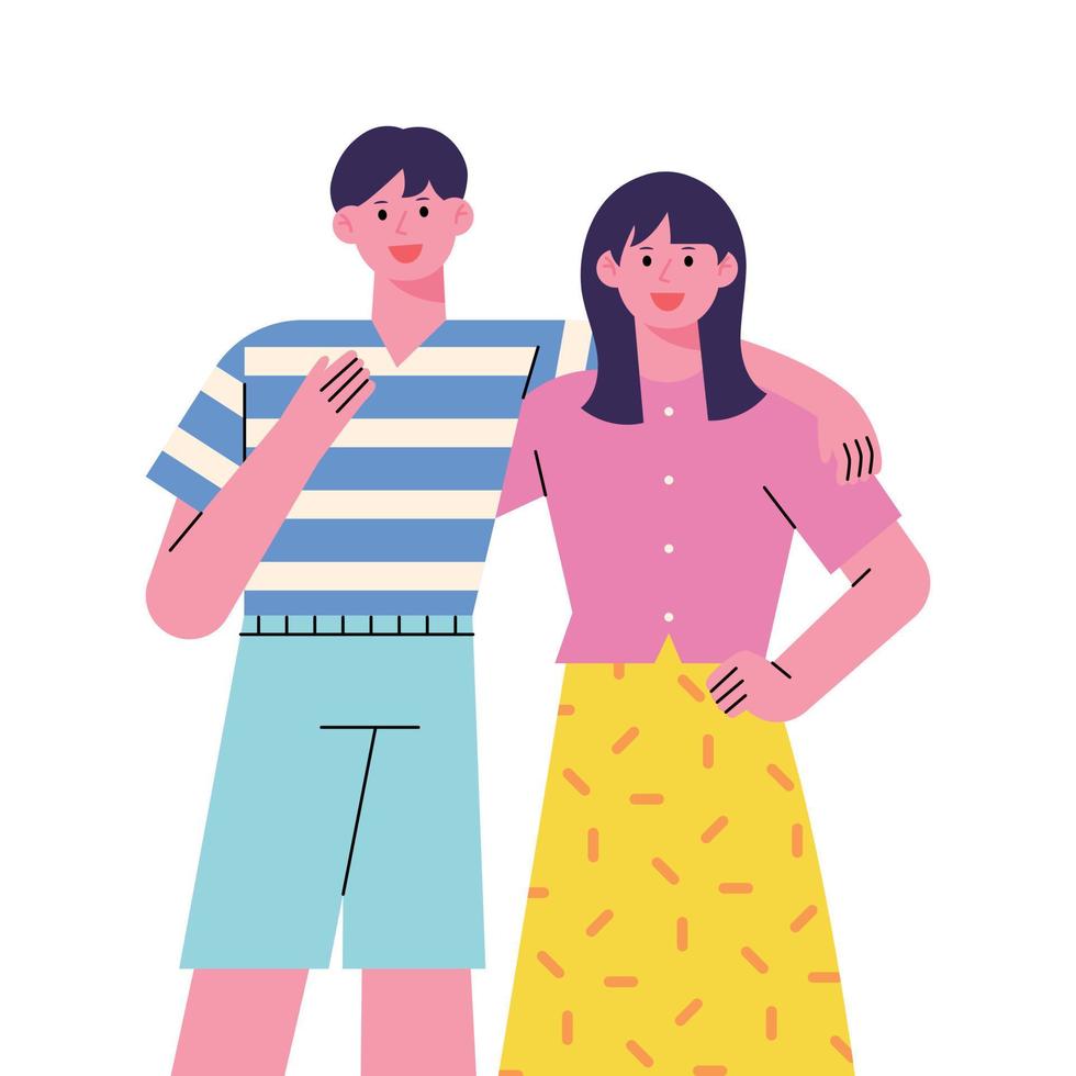 Two friends are standing in a friendly pose and smiling. flat design style vector illustration.