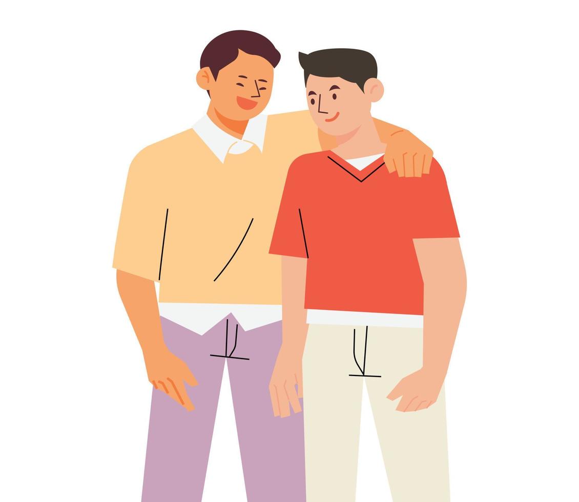 dos hombres están hombro con hombro y sonríen amigablemente. ilustración vectorial de estilo de diseño plano. vector