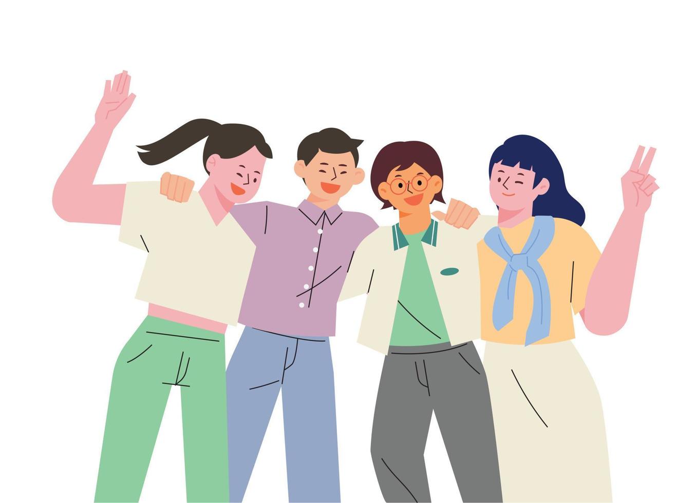 Friends are shoulder-to-shoulder, V poses, and happy expressions. flat design style vector illustration.