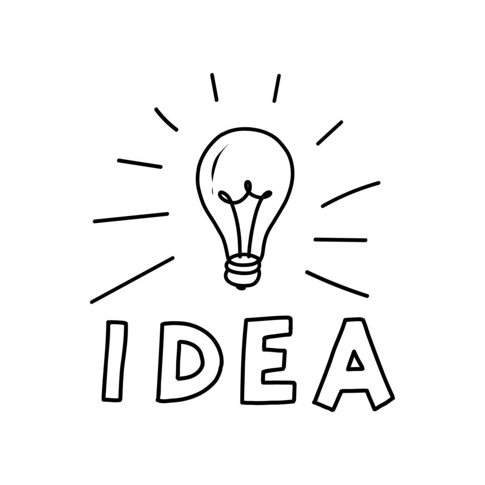 The idea is a hand-drawn illustration of a light bulb and lettering. Business illustration in doodle style. vector