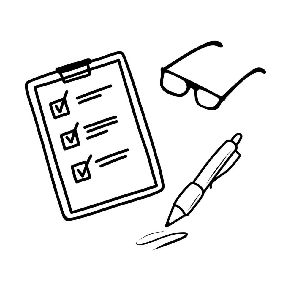 Business set icons in a doodle style. Checklist, ballpoint pen and glasses. Vector hand-drawn illustration