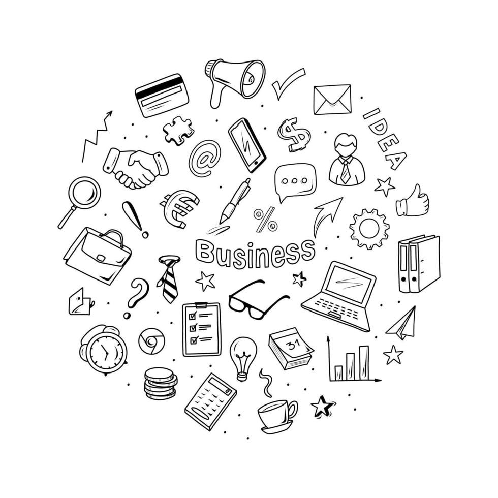 Business icons doodle set. Vector hand drawn black and white elements.