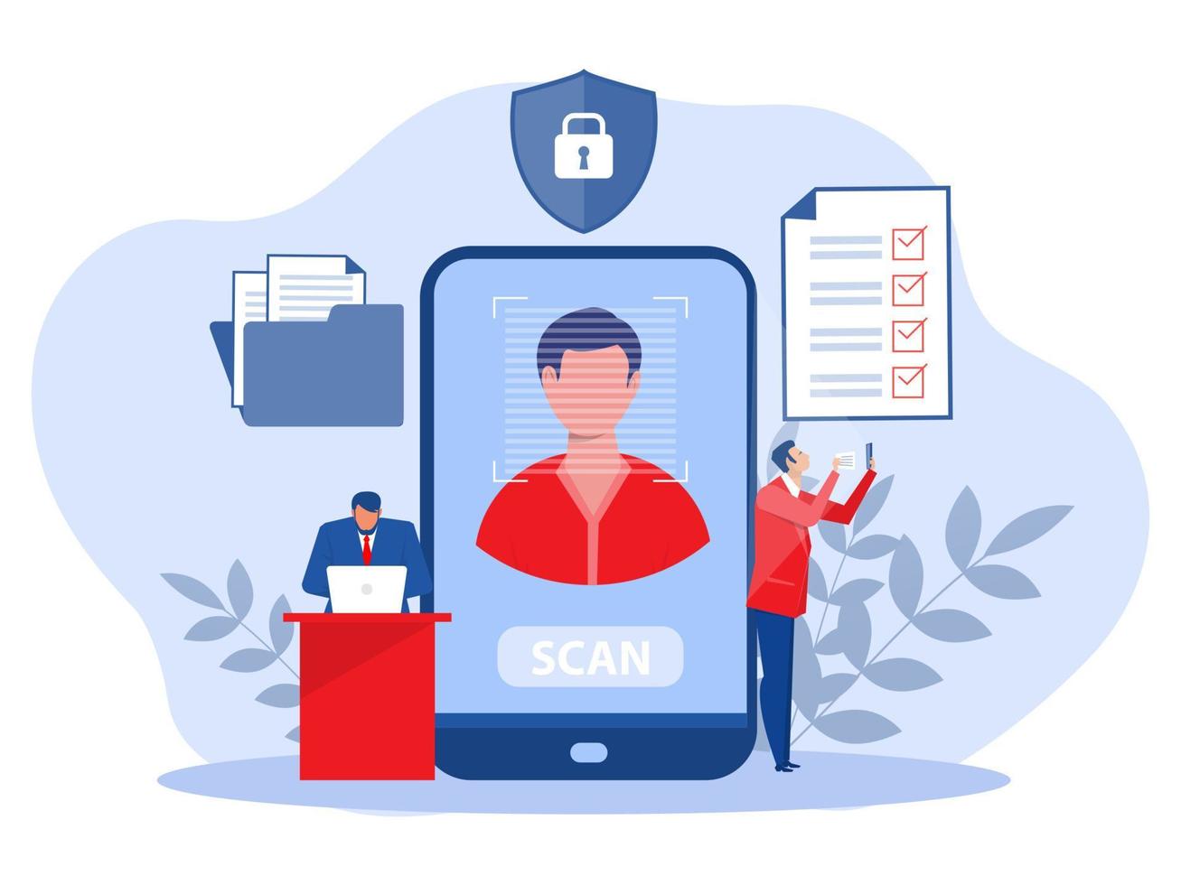 KYC or know your customer with business verifying the identity of its clients concept at the partners-to-be through a magnifying glass vector illustrator