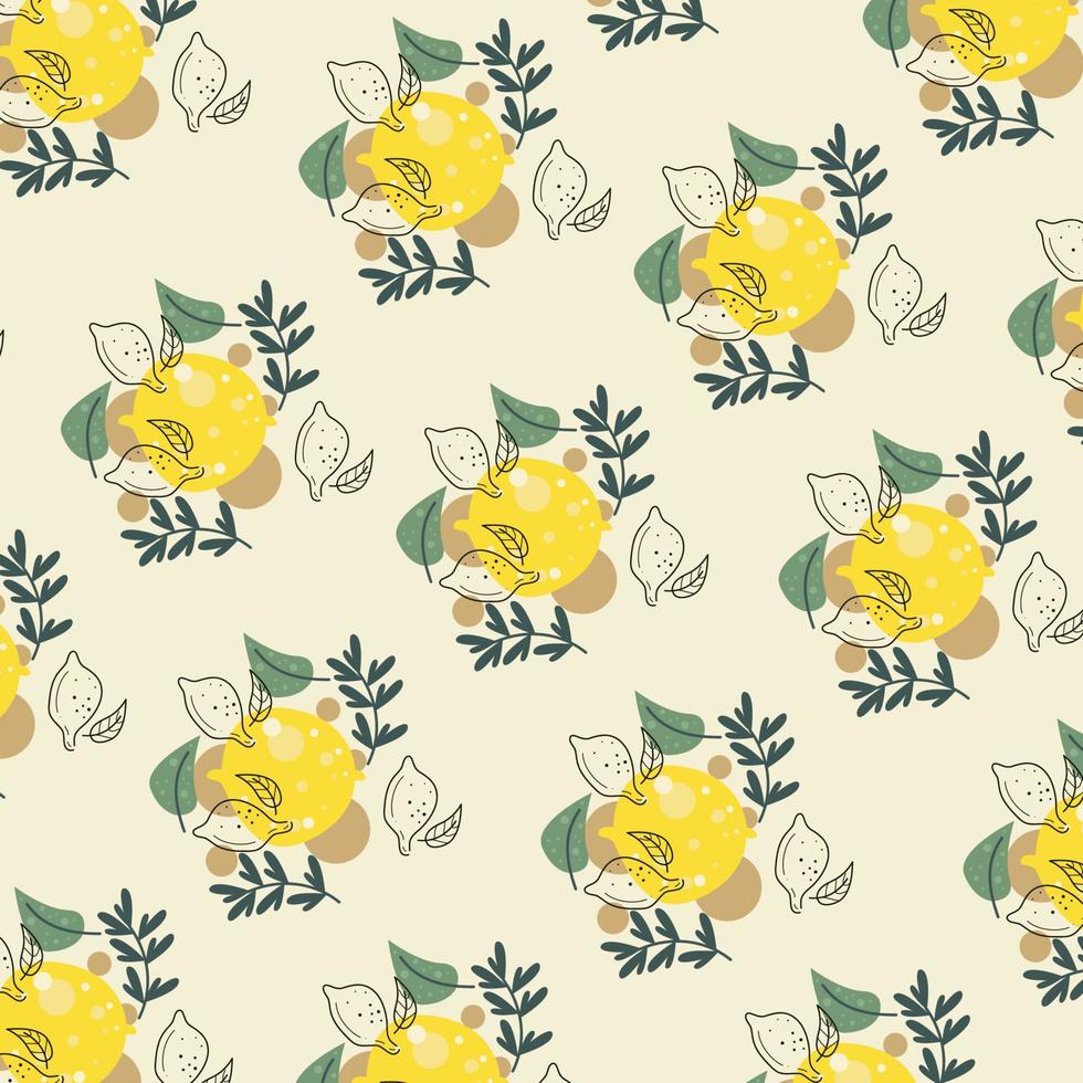 Pattern of fresh yellow lemon fruit with green leaves. Vector flat illustration. Design for textile, wallpaper, wrapping