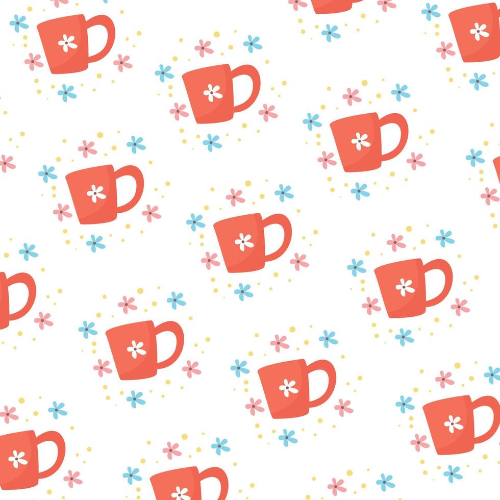 Cute pattern of red cups with floral images on floral background vector