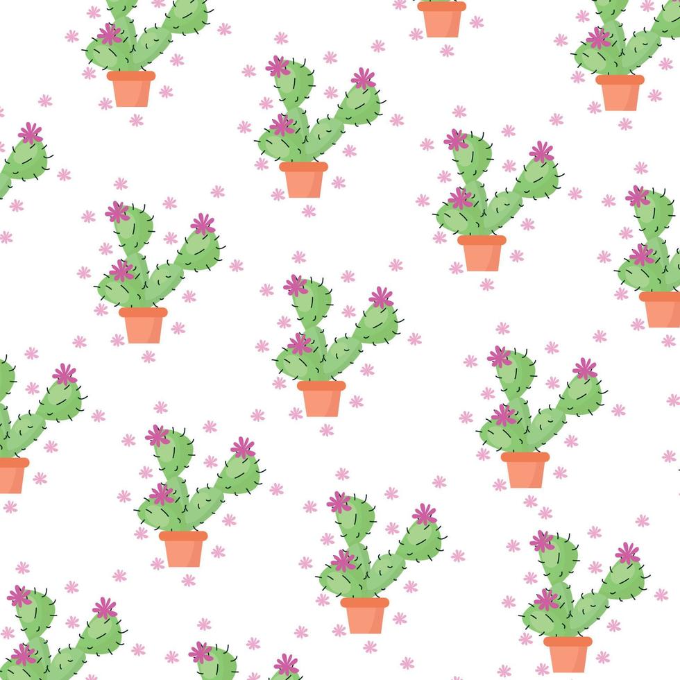 Cactus with pink flowers on a light background. Cute vector pattern with cactus