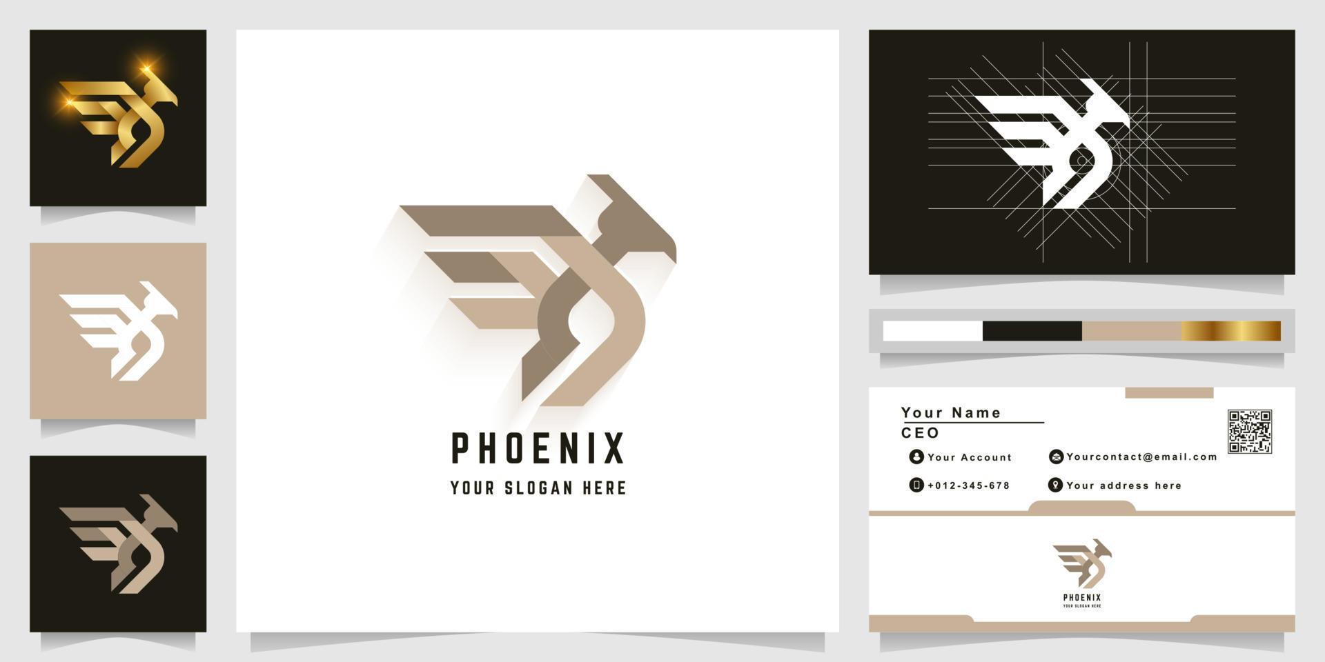 Phoenix bird monogram logo template with business card design vector