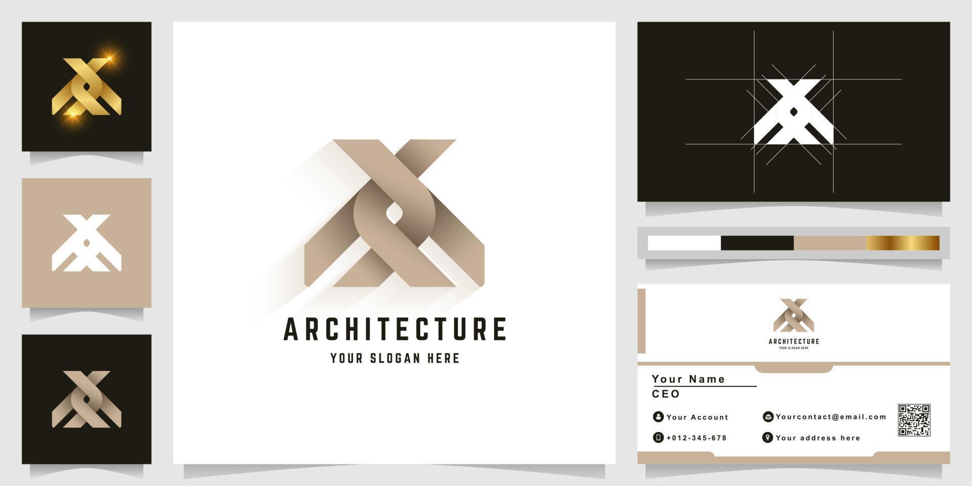 logotipo de monograma de letra x o hacha de arquitectura con diseño de tarjeta de visita vector