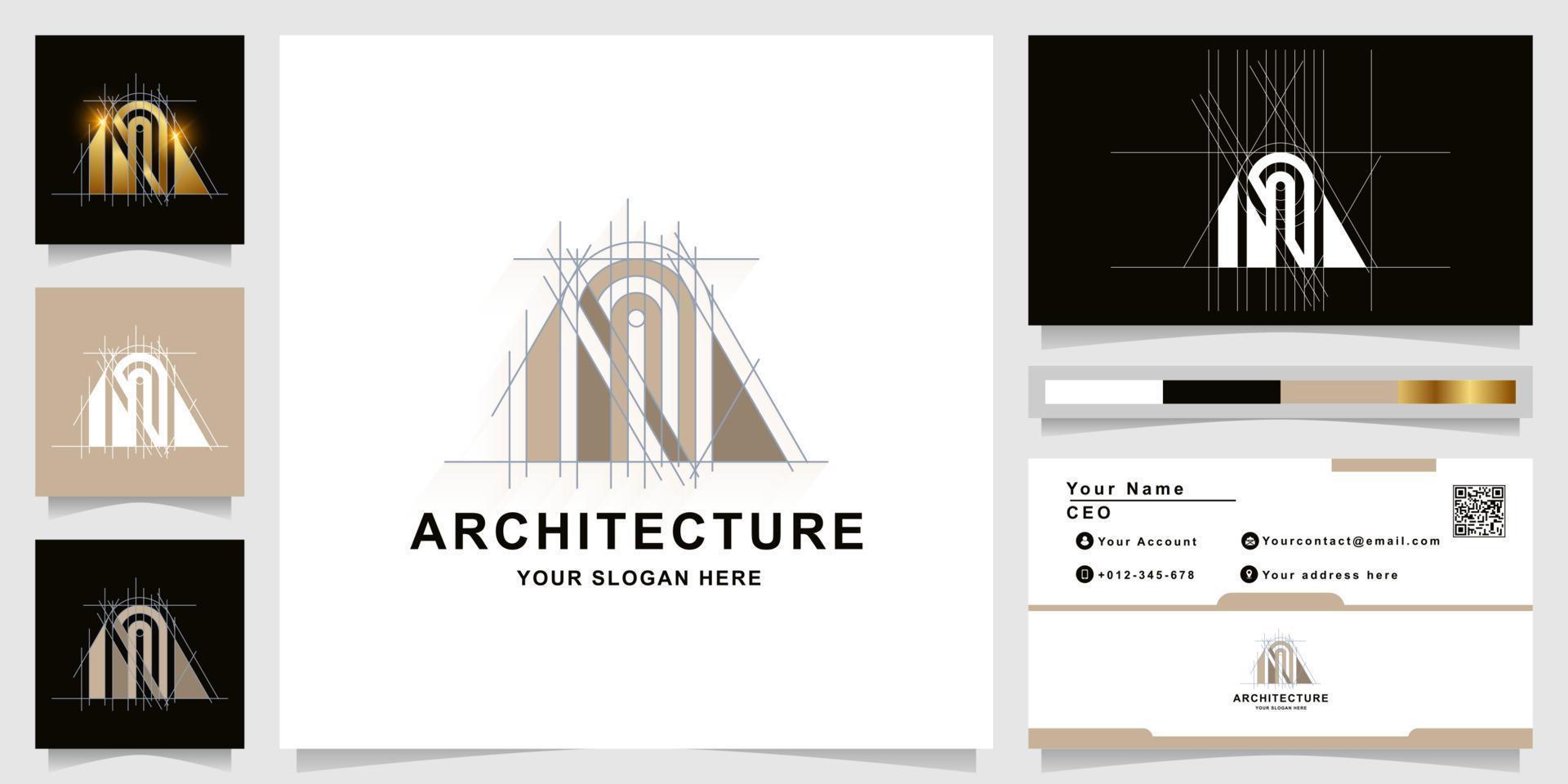 logotipo de monograma de arquitectura, construcción o bienes raíces con diseño de tarjeta de visita vector