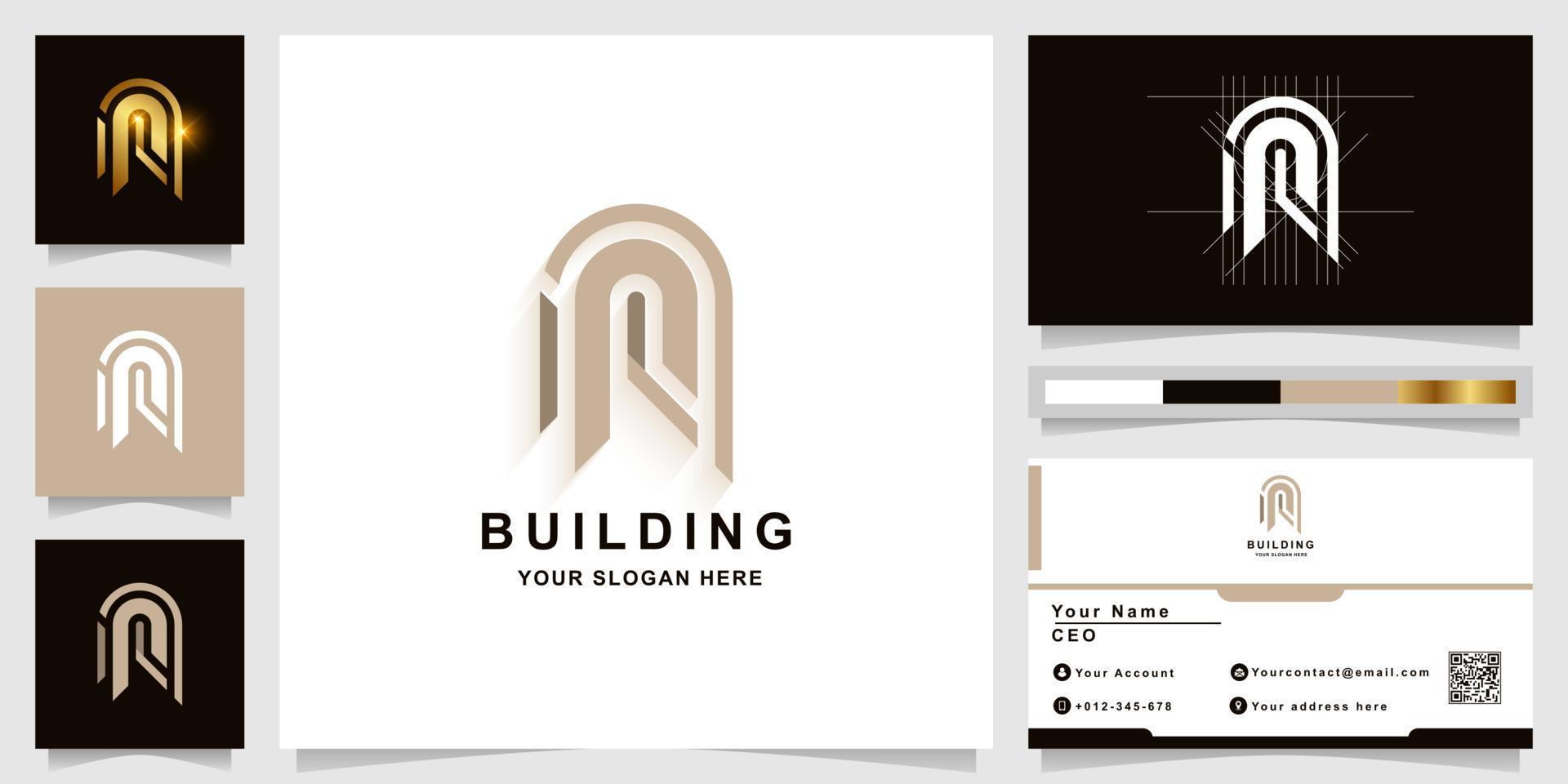 Letter n or building monogram logo template with business card design vector