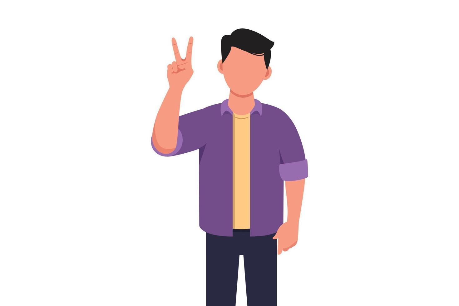 el estilo plano del concepto de negocio aislado del hombre sonriente muestra el signo de la victoria. éxito del gesto del joven empresario. hombre haciendo el signo de la victoria. señal de éxito y paz. ilustración vectorial de diseño gráfico vector