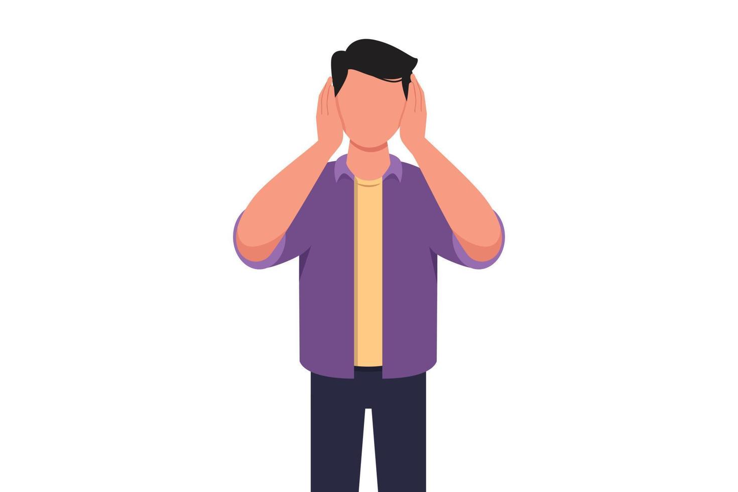 Business flat drawing young businessman covering or closing his ears with hands, making don't hear or listen gesture. Male manager does not want to hear or listen. Cartoon graphic vector illustration