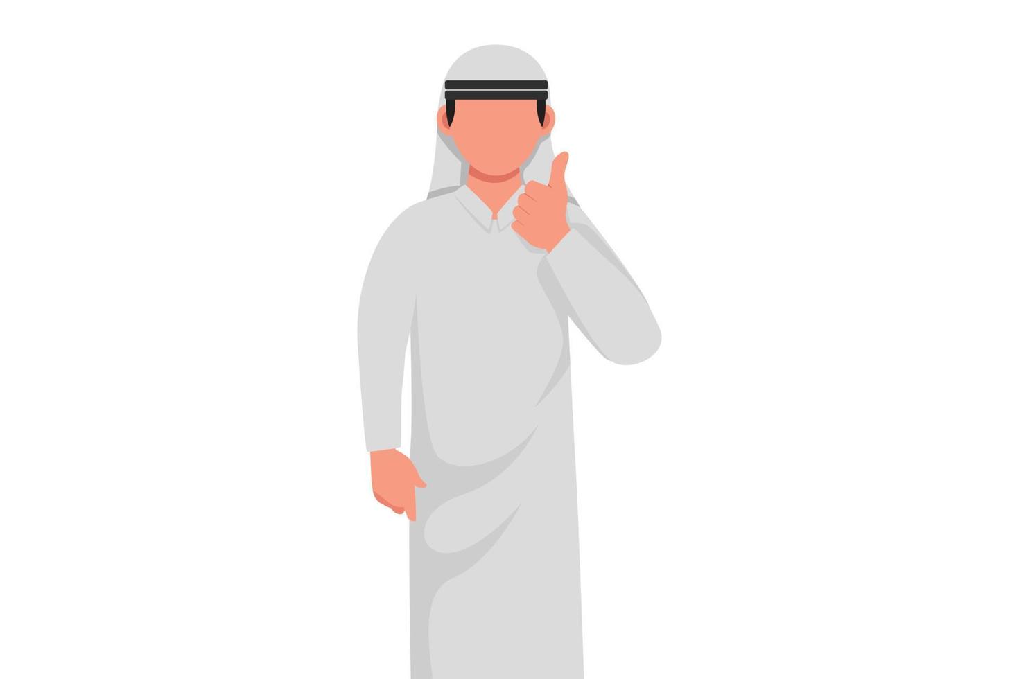 Business design drawing confident Arabian businessman with thumbs up gesture. Excited male manager showing thumbs up sign. Deal, like, agree, approve, accept. Flat cartoon style vector illustration