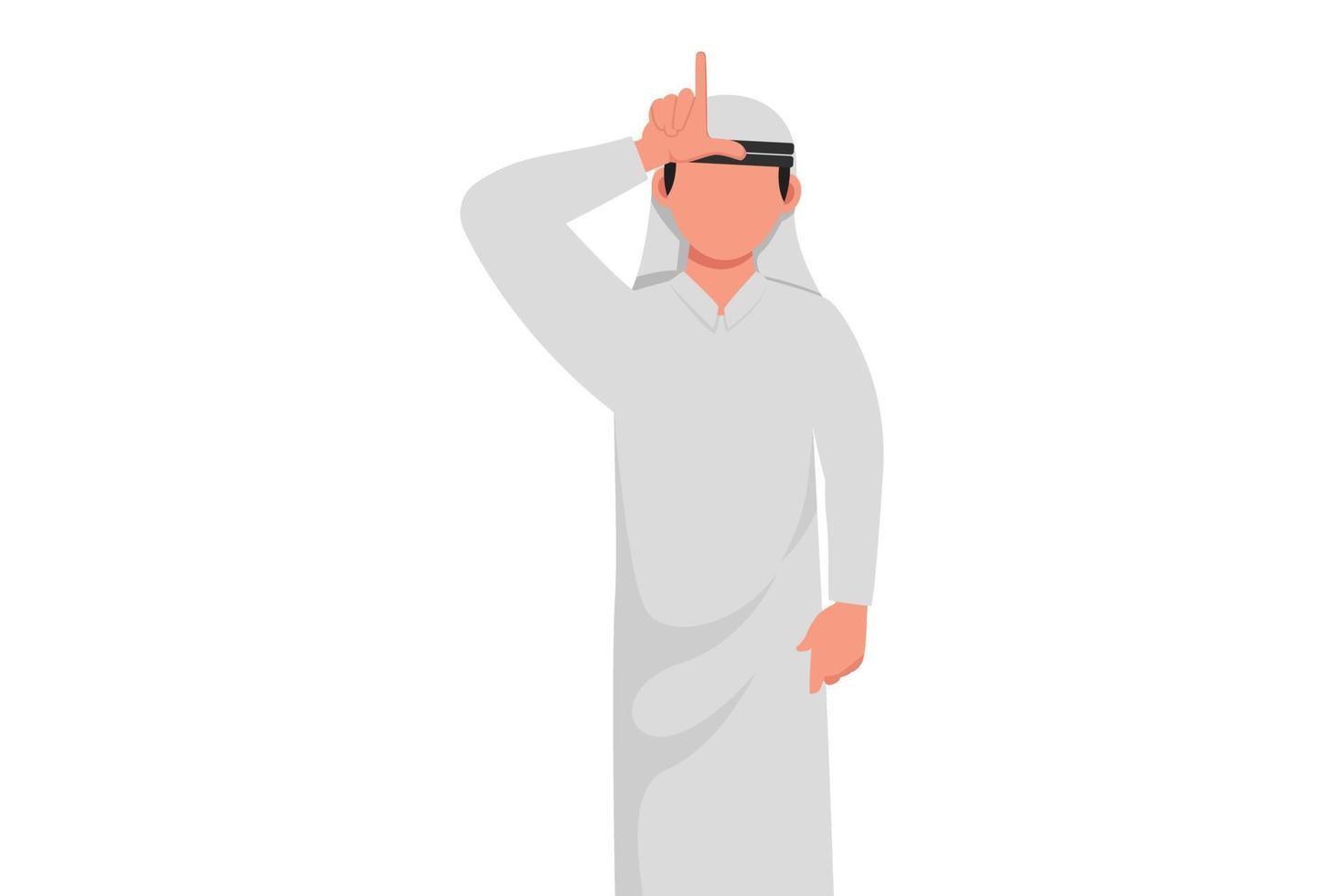 Business flat drawing unhappy Arab businessman showing loser sign on forehead with fingers. Stressed trendy person gesturing hand over head. Male making 'L' symbol. Cartoon design vector illustration