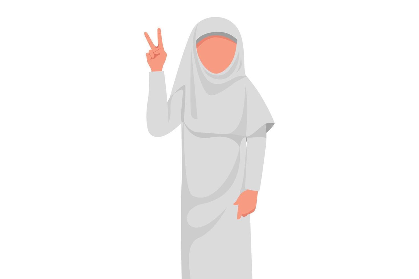 Business flat drawing Arabian businesswoman showing victory peace sign symbol. Peaceful campaign around the world for better place to live. Humanity or love earth. Cartoon design vector illustration