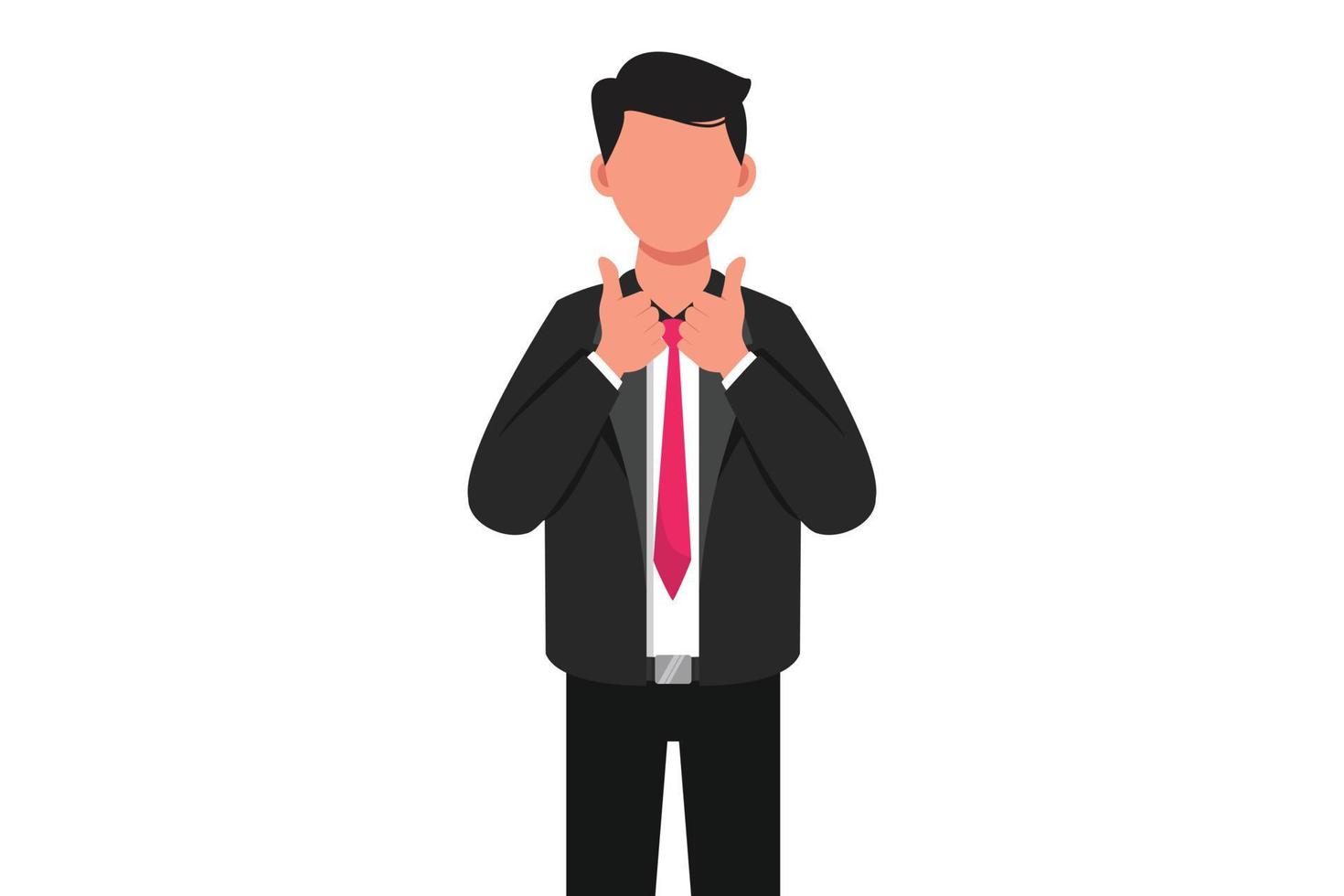 Business design drawing excited businessman dressed in black formal wear showing thumbs up sign. Like, agree, approve, accept. Man with two thumbs up gesture. Flat cartoon style vector illustration
