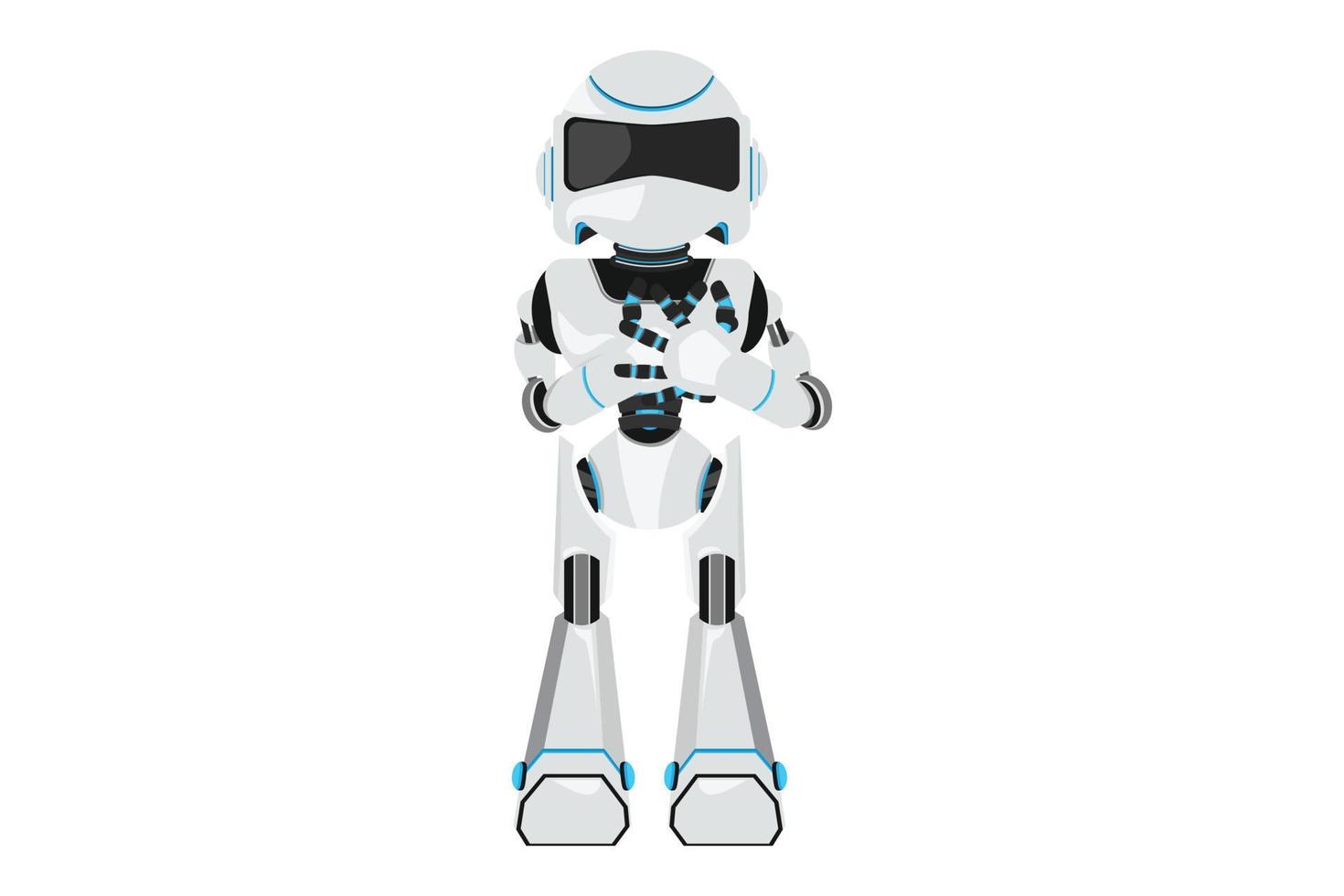 Business flat cartoon style drawing robot with pleased expression keep hands on chest, impressed gratitude, thankful feeling. Modern robotic artificial intelligence. Graphic design vector illustration