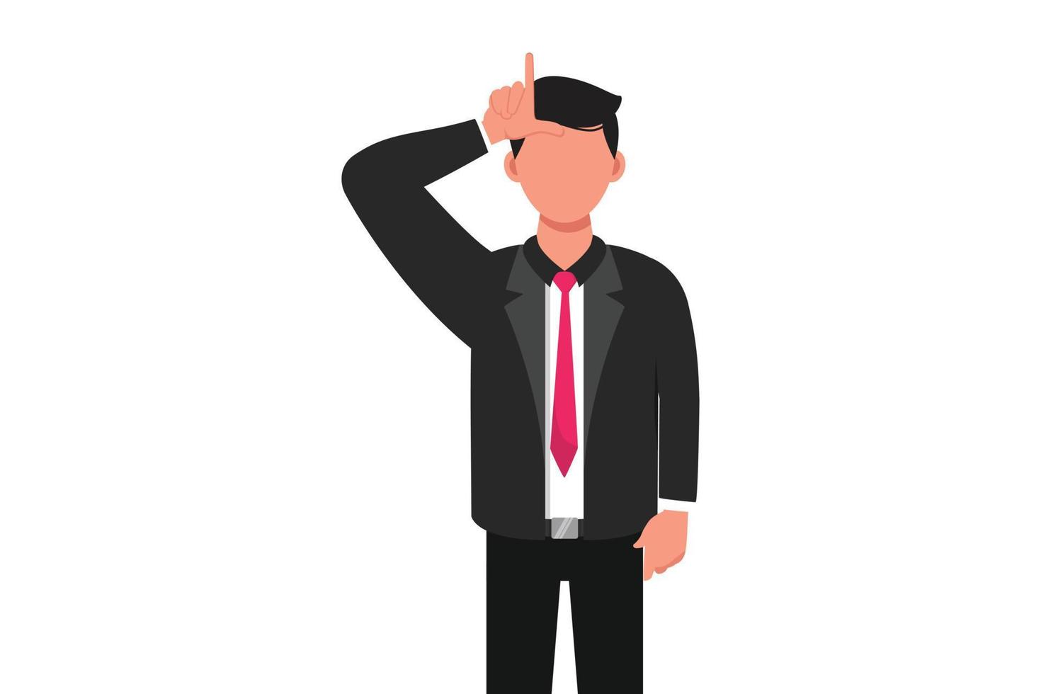 Business flat drawing stressed businessman showing L sign on forehead with finger. Trendy sad male office worker making loser symbol by gesturing hand over head. Cartoon design vector illustration