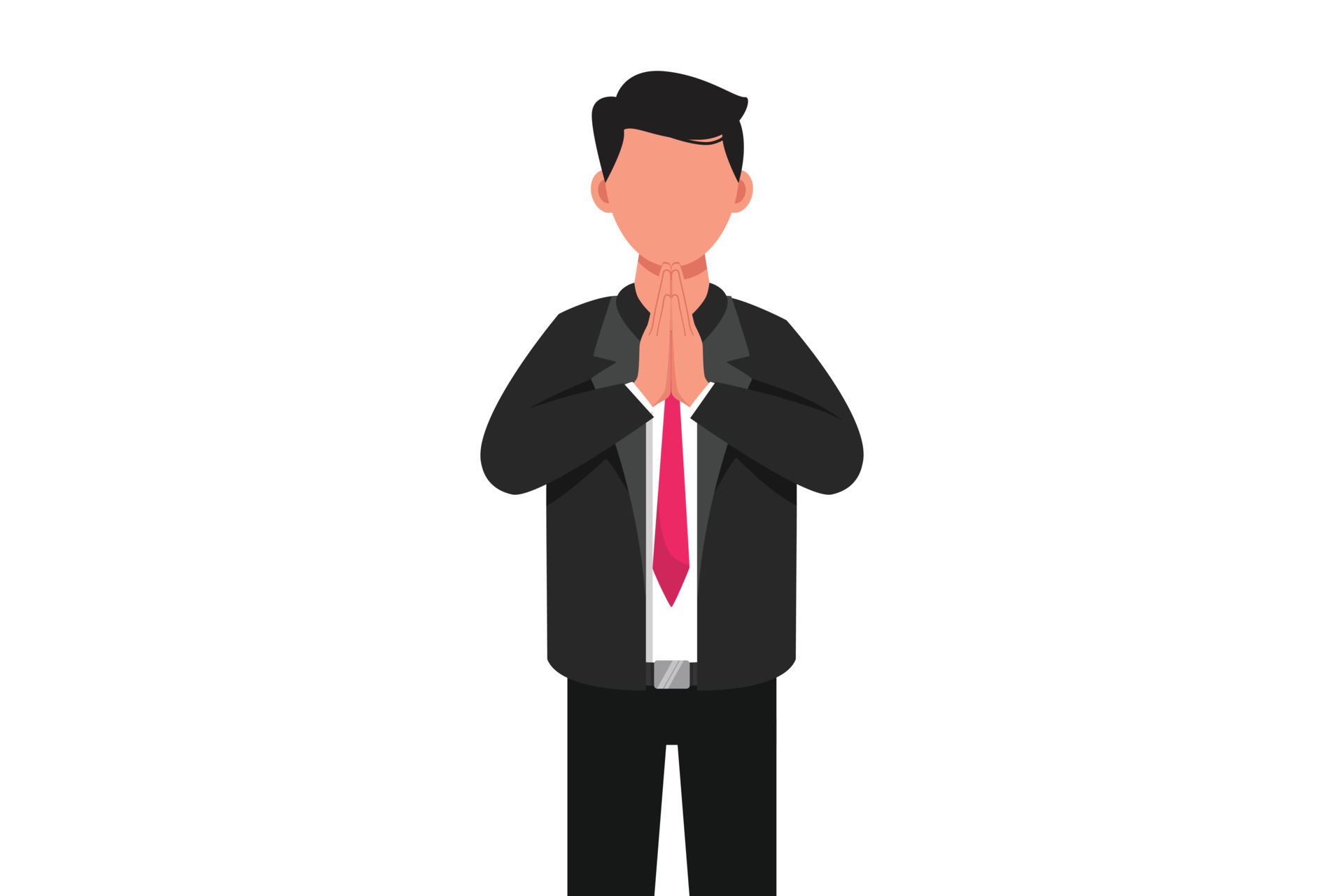 Business flat cartoon style drawing young attractive businessman holding  palms in prayer. Male manager welcome gesture at office. Worker praying  hands together. Graphic design vector illustration 9674066 Vector Art at  Vecteezy