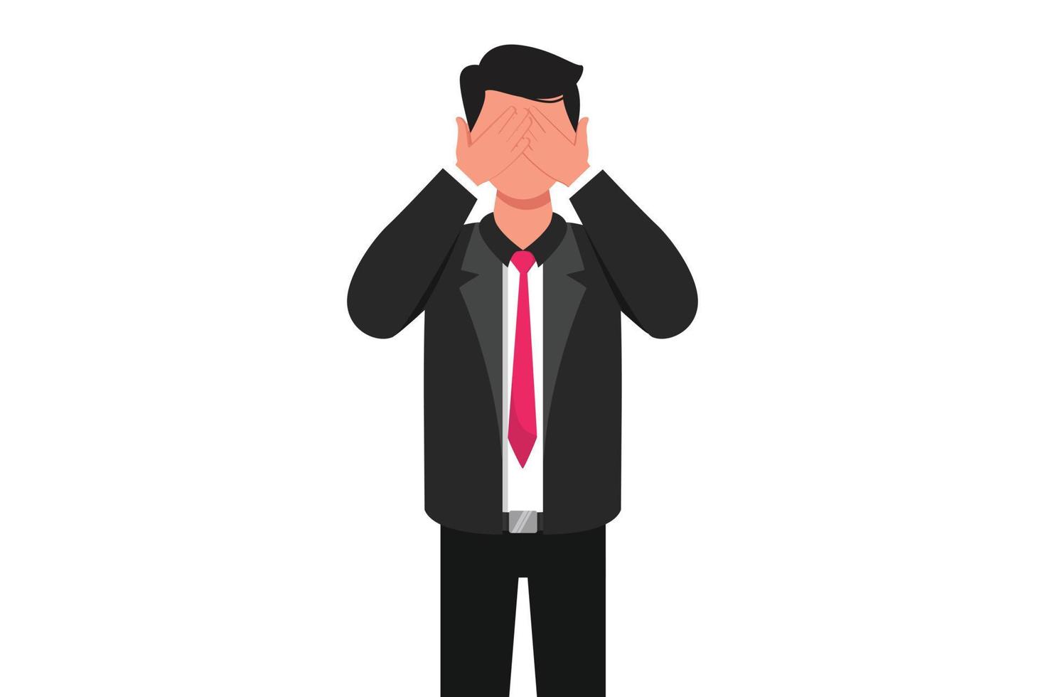 Business design drawing businessman covering or closing his eyes with hands and making don't see gesture. Man shows scary, fear, does not want to see gesture. Flat cartoon style vector illustration