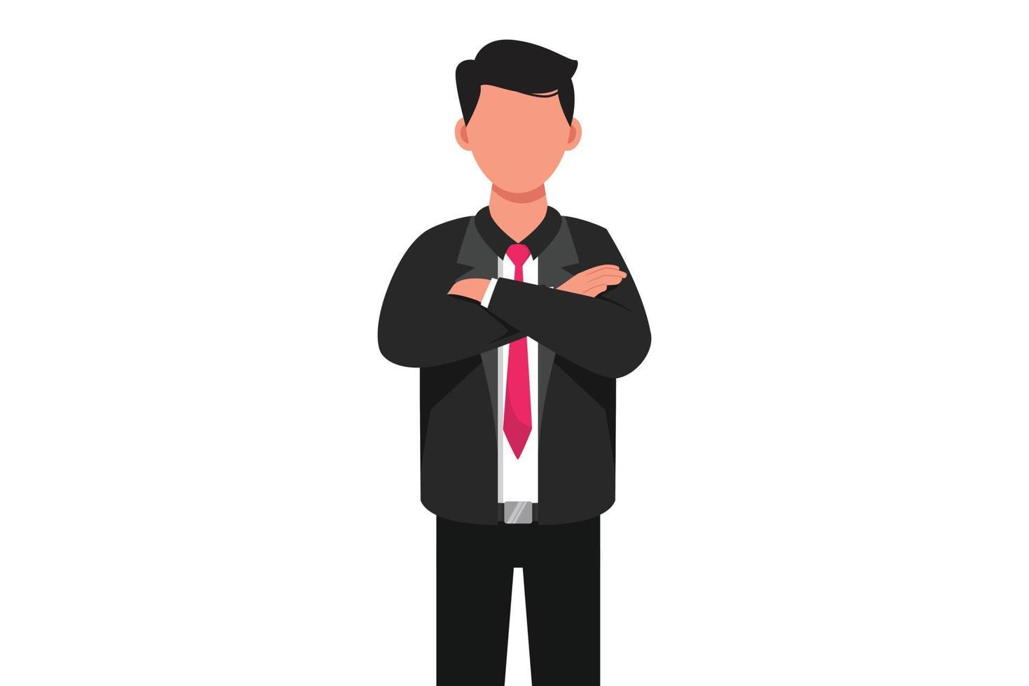 Business flat drawing young smiling businessman man with arms crossed. Male manager with folded hands looking or thinking for something. Success office worker. Cartoon style design vector illustration