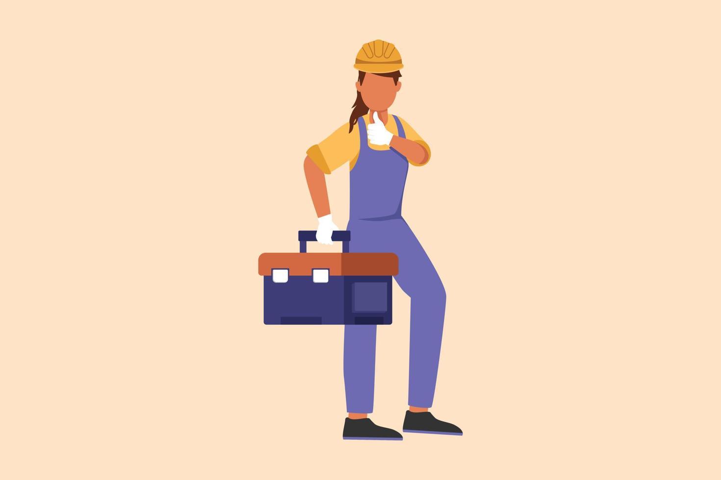 Business flat cartoon style drawing handywoman plumber standing and holding tools box. Professional repairwoman in overalls ready for work. Home decoration services. Graphic design vector illustration