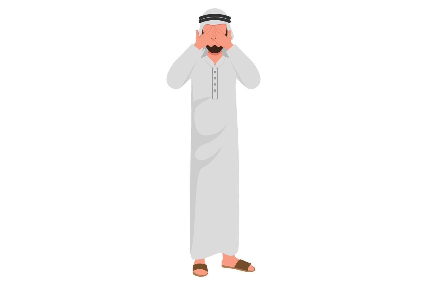 estilo de dibujos animados planos de negocios dibujando a un hombre de negocios árabe cubriendo sus ojos con las manos y haciendo gestos de no ver. el hombre muestra miedo, miedo, no quiere ver el gesto. ilustración vectorial de diseño gráfico vector