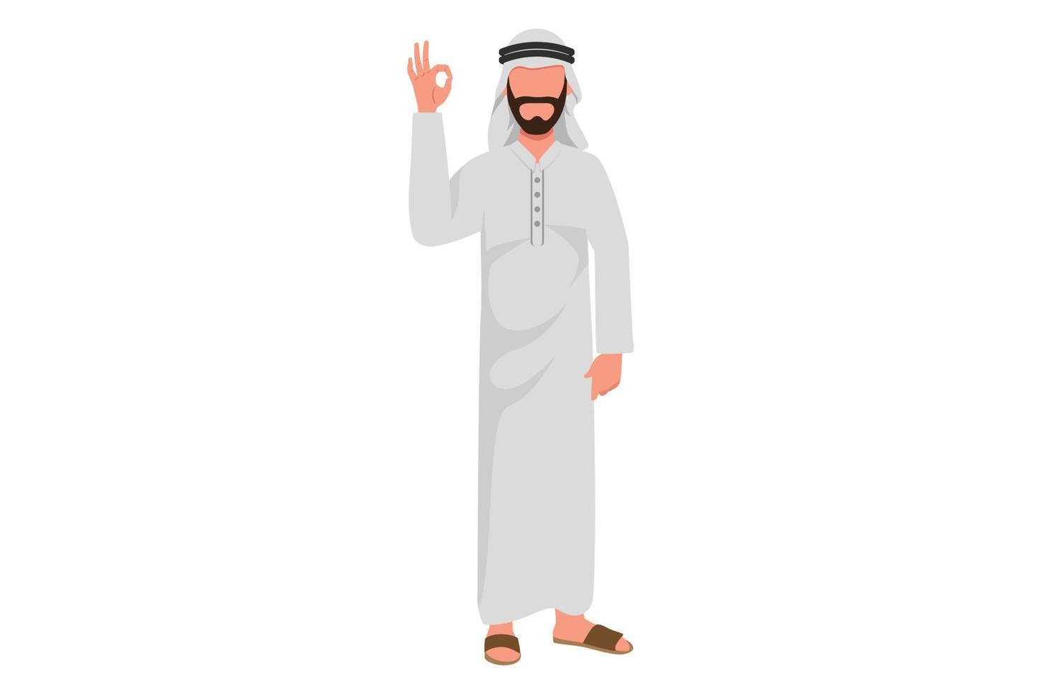 Business flat cartoon style drawing Arab businessman showing OK sign with hand. Satisfied male manager gesturing all right, okay with fingers, approving something. Graphic design vector illustration