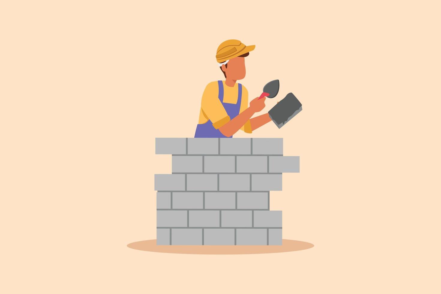 dibujo de estilo de dibujos animados plano de negocios joven reparador  construyendo pared de ladrillo. trabajador