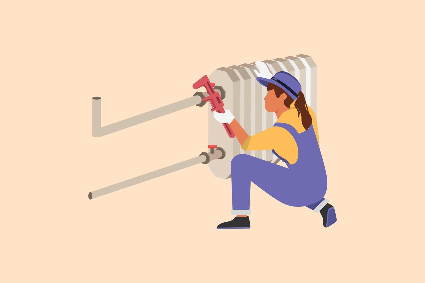 Business flat drawing plumber repair or installation of batteries. Beauty repairwoman fixing pipe in water heater battery radiator. Maintenance professional service. Cartoon design vector illustration