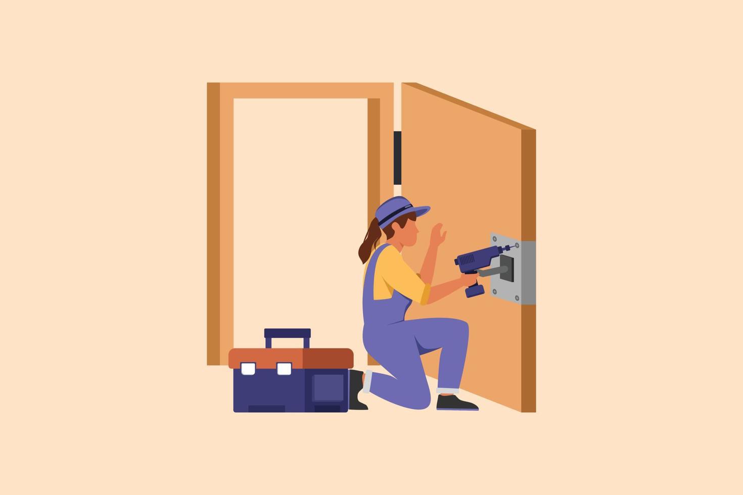 Business design drawing door service decoration. Repairwoman in overalls with equipment repair door element. Locksmith fix lock. Construction indoor services. Flat cartoon style vector illustration