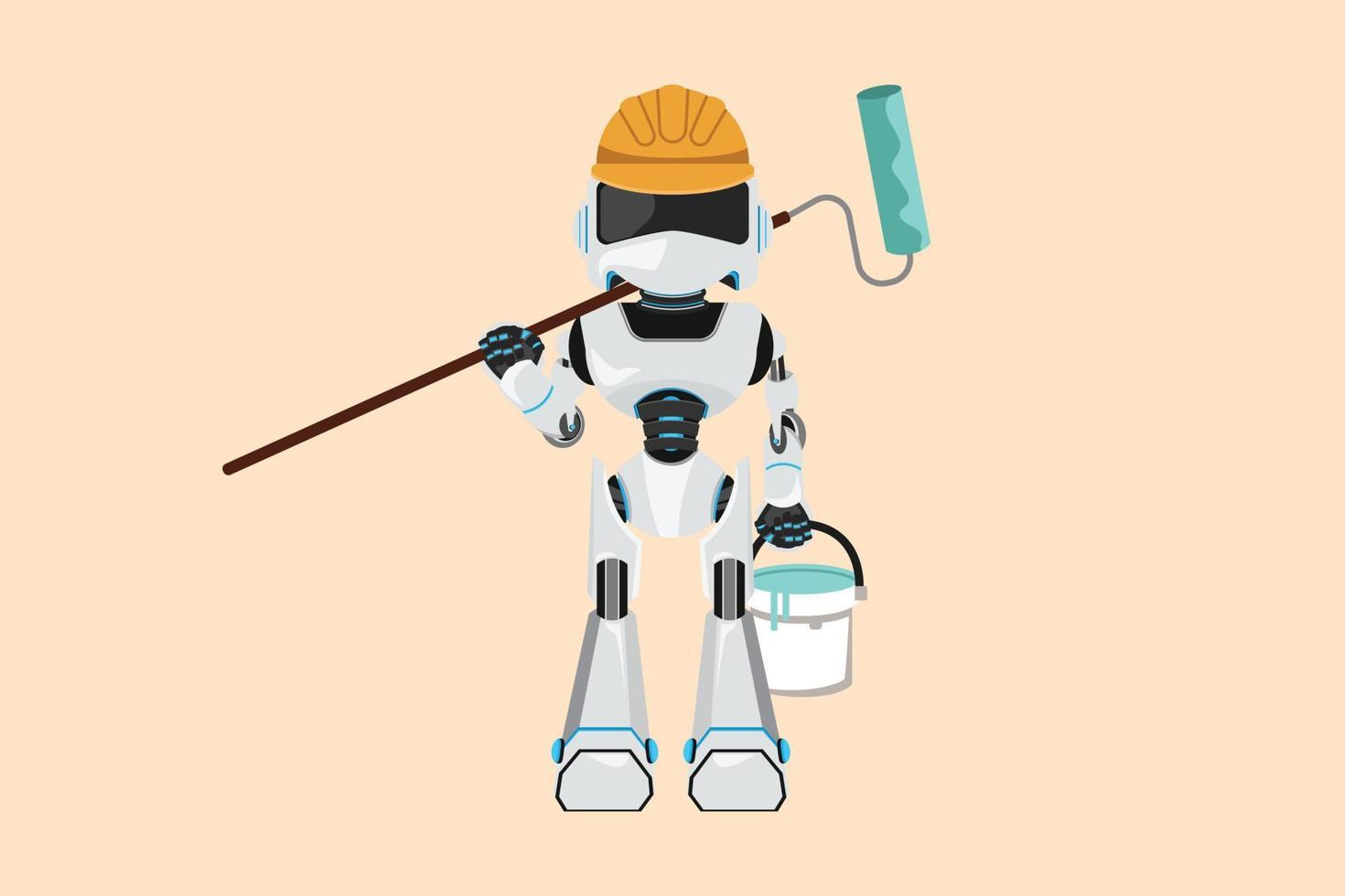 Business design drawing robot painter standing with bucket and paint roller. Robot worker working on apartment or home renovation. Future technology development. Flat cartoon style vector illustration