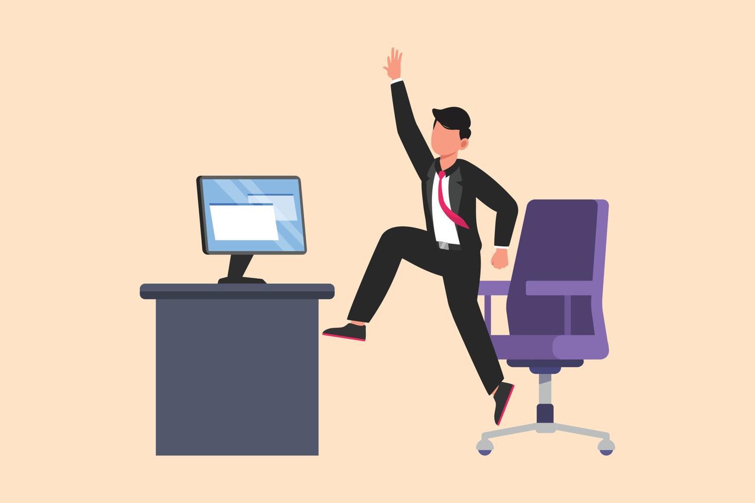 Business flat cartoon style drawing happy businessman jumping and dancing on his workplace. Male manager celebrating success of increasing company's product sales. Graphic design vector illustration