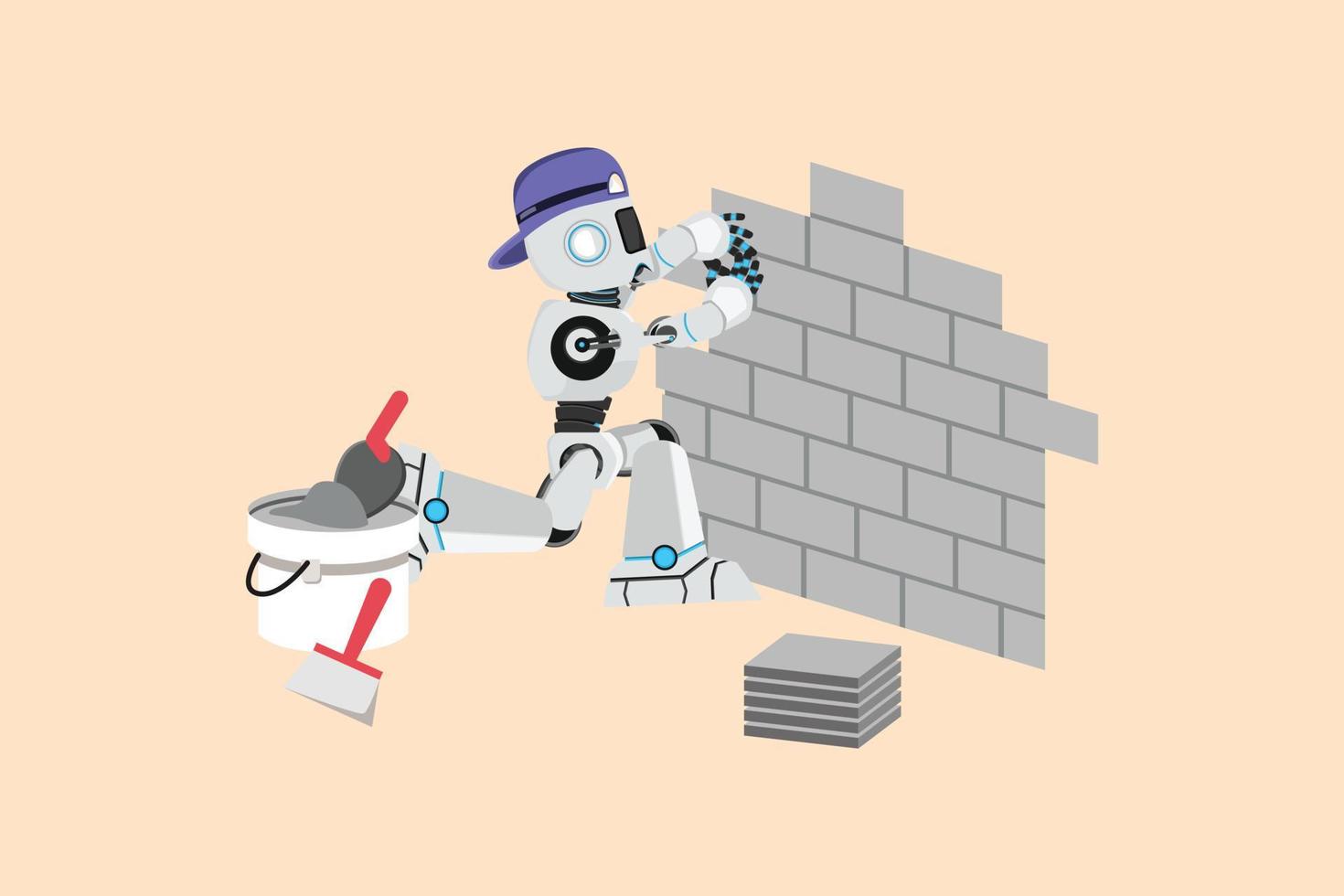 Business flat cartoon style drawing robot repair worker laying ceramic wall tile. Professional tiler working tiling at home. Robot artificial intelligence industry. Graphic design vector illustration