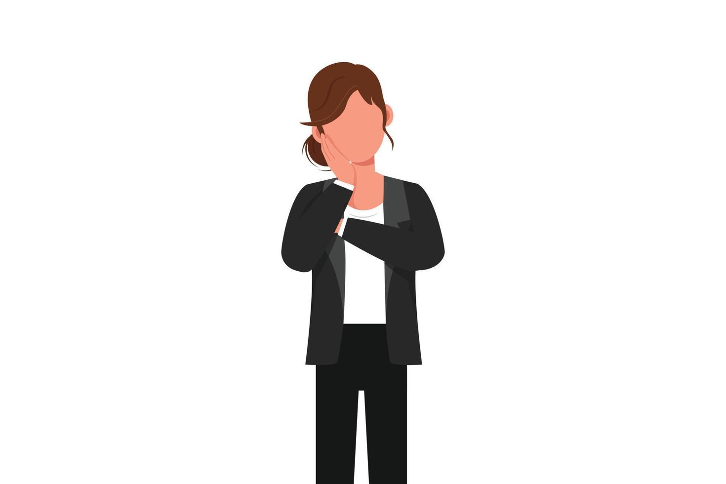 Business flat cartoon style drawing businesswoman holding hand on cheek with crossed hand. Bored tired person keeping hand on face. Female suffering from toothache. Graphic design vector illustration