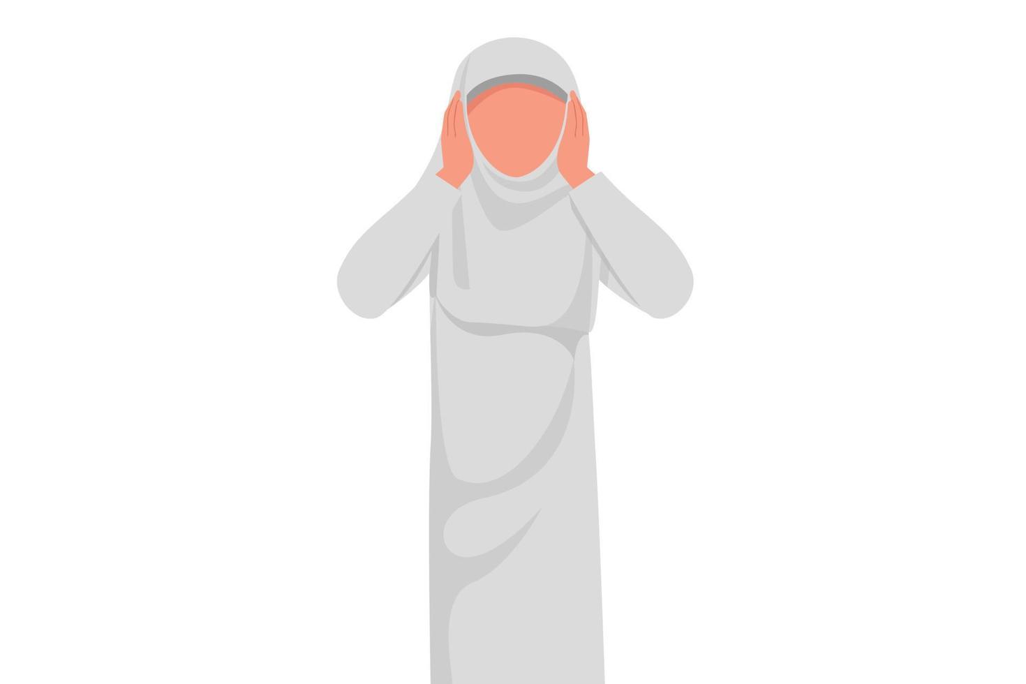 Business flat cartoon style drawing Arab businesswoman covering or closing her ears with hands, don't hear or listen gesture. Person who hate loud sound or music. Graphic design vector illustration