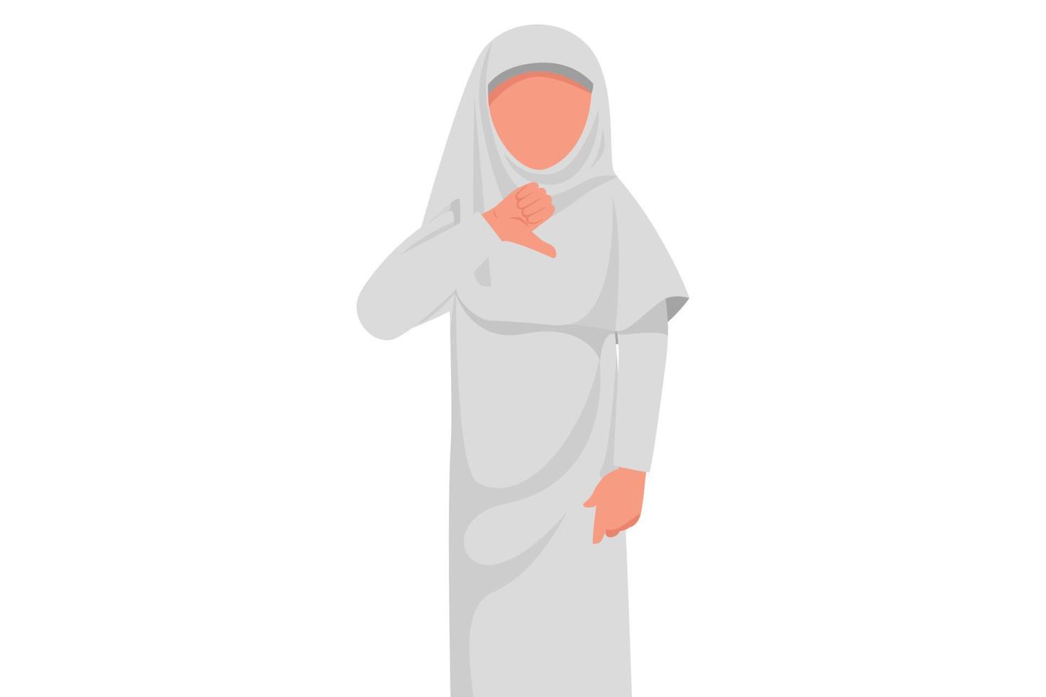 Business flat drawing unhappy Arab businesswoman showing thumbs down sign gesture. Dislike or disagree with business innovation. Disappointment, disapprove, no deal. Cartoon design vector illustration